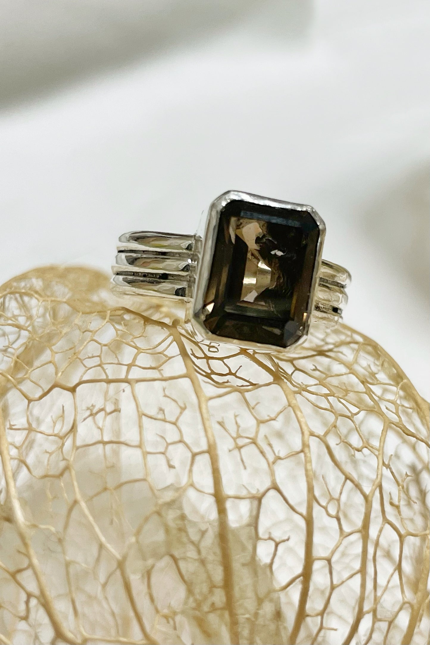 Smoky quartz ring with seahorse