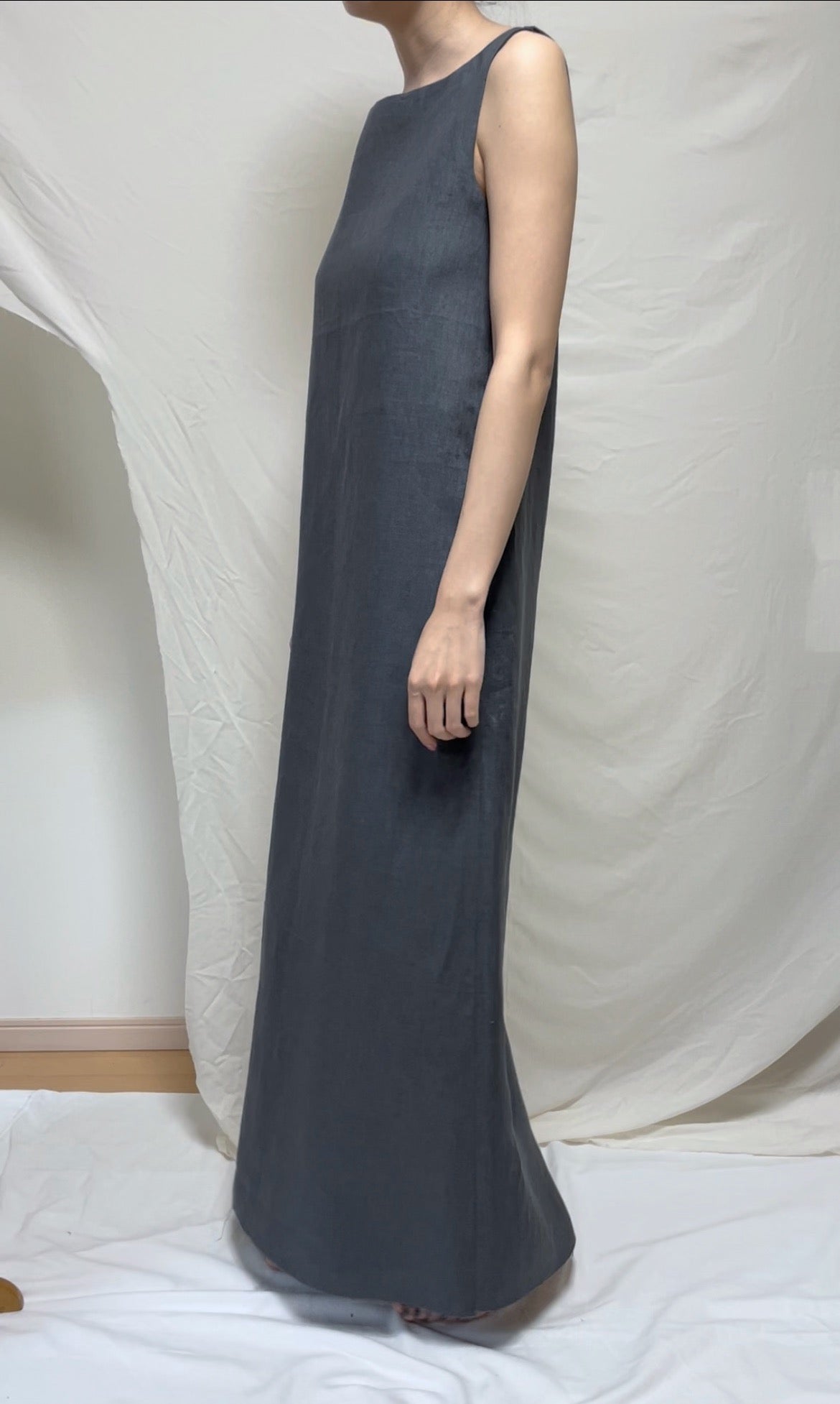 Deep slit linen dress