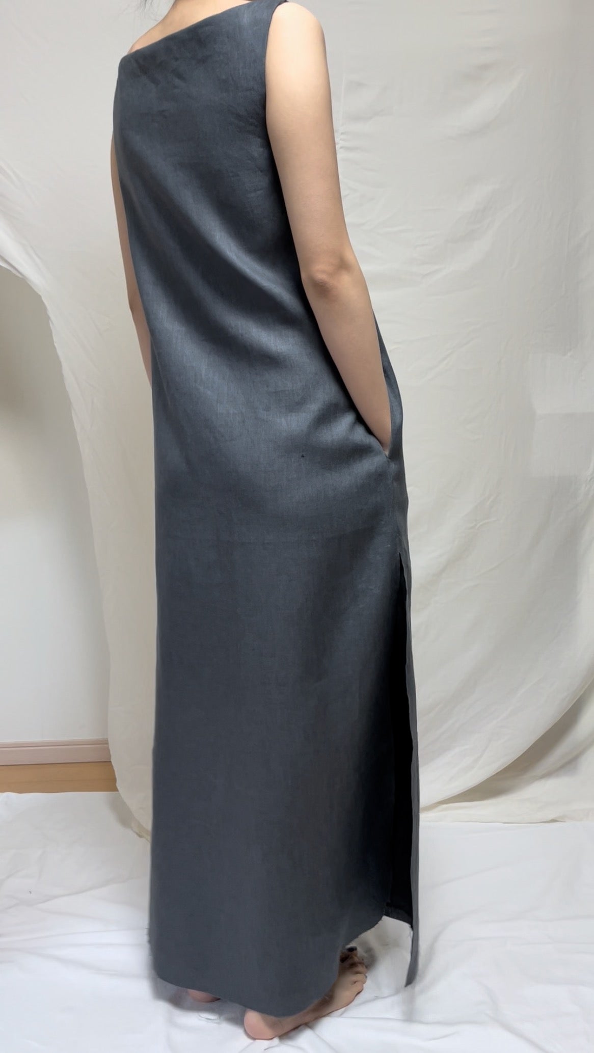 Deep slit linen dress